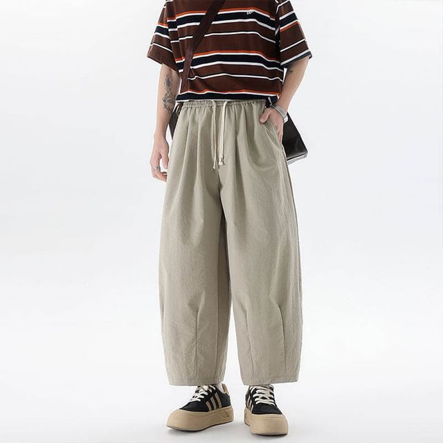 Orungeetun-Drawstring Waist Plain Wide Leg Pants