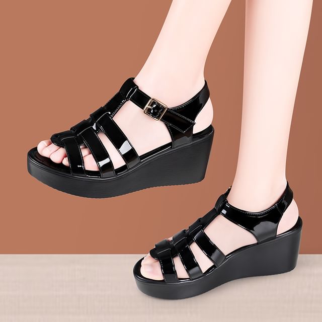 Freesia-Patent Plain Platform Wedge Heel Gladiator Sandals