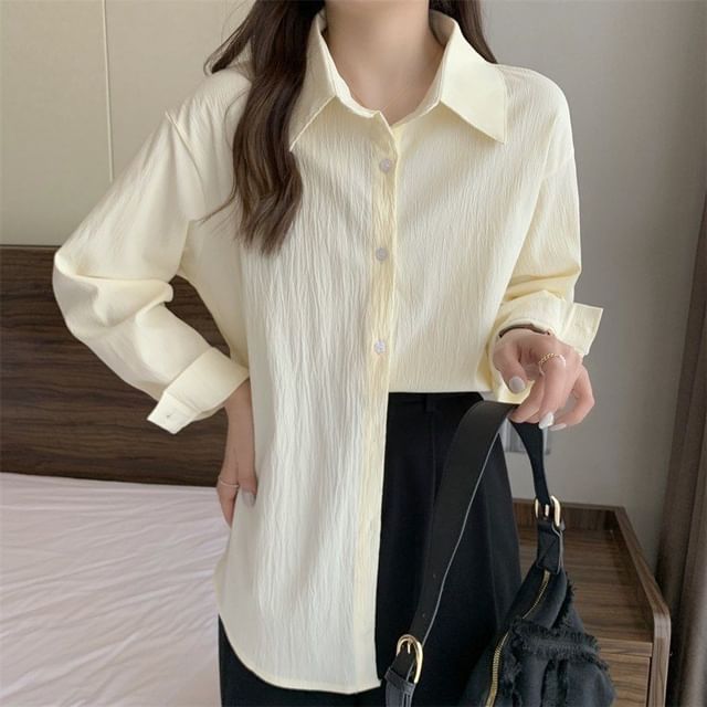 Sisyphi-Long-Sleeve Button-Up Plain Shirt