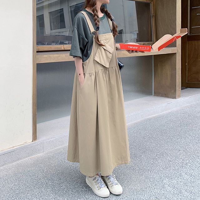 Secolo - Square Neck Plain Midi A-Line Pinafore Dress | YesStyle