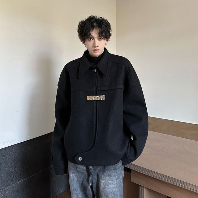 Freehop-Lapel Collared Plain Single-Breasted Coat