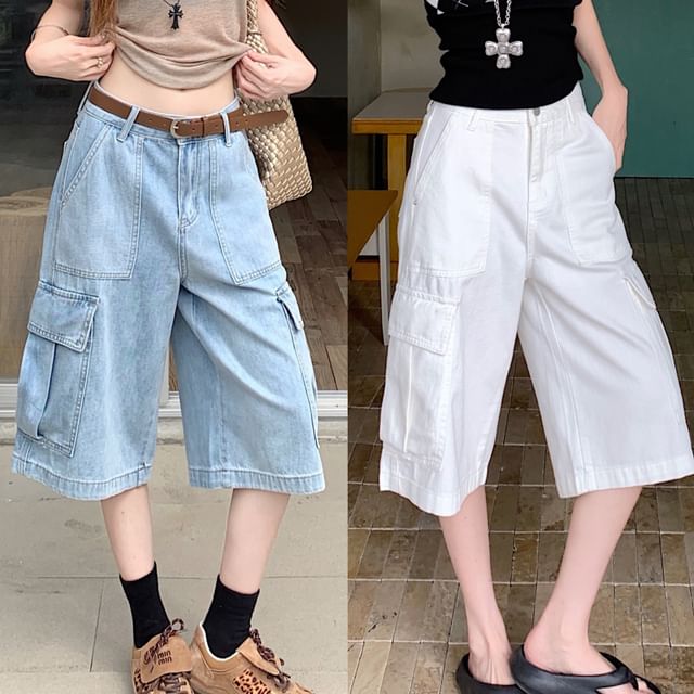 KUMI-Mid Waist Washed Cargo Jorts