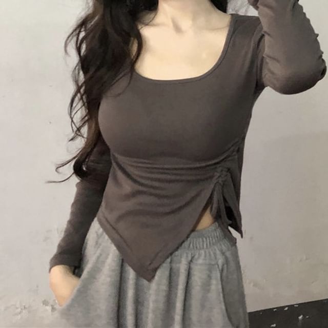 Magimomo-Long-Sleeve Scoop Neck Plain Asymmetrical Drawstring Cropped T-Shirt