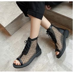 Freesia - Dotted Mesh Panel Peep-Toe Short Boots Freesia - Dotted Mesh Panel Peep-Toe Short Boots
