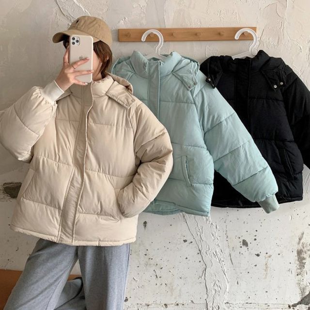 Sienne-Stand Collar Plain Hooded Zip Puffer Jacket