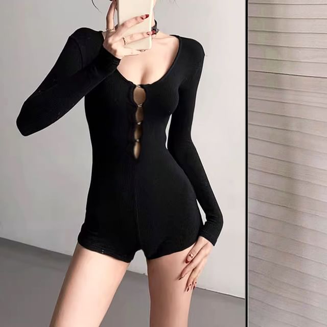 Allinya-Long-Sleeve Scoop Neck Cutout Plain Romper