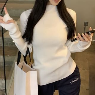 Closette-Long Sleeve Mock Neck Plain Crop Knit Top