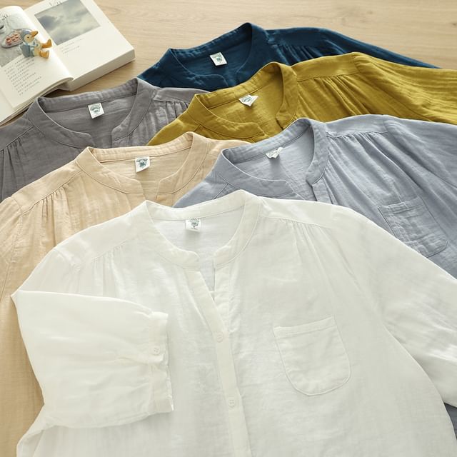 PANDAGO-Short-Sleeve Notch Neck Plain Button Up Blouse