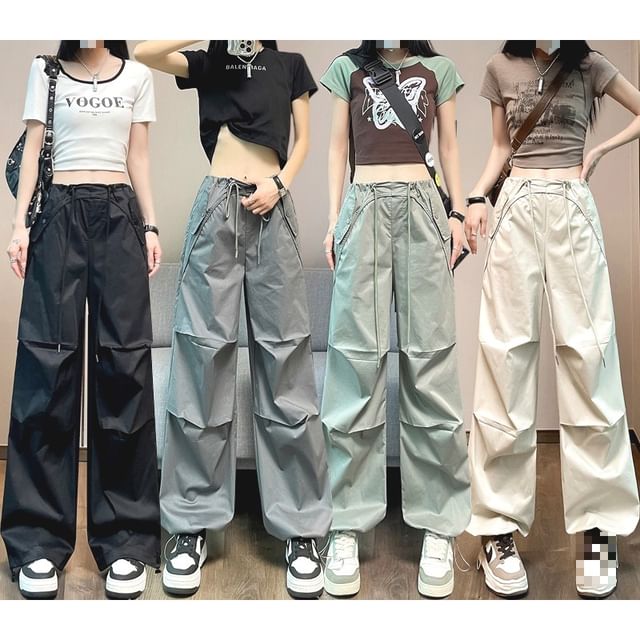 Areumdaun - High Rise Plain Ruched Wide Leg Cargo Pants