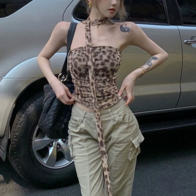 Strawolf-Set Leopard Print Tube Top Scarf