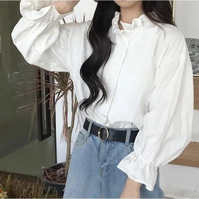 Sisyphi-Puff-Sleeve Plain Ruffle Shirt
