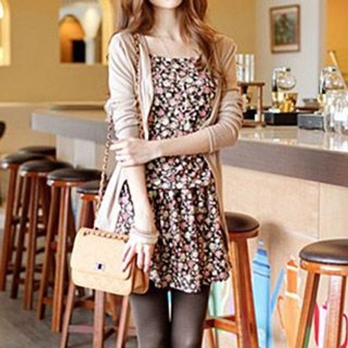 mini dress and cardigan set Basic Ribbed Spaghetti Strap Padded Mini Dress and Long Sleeve Hook Cardigan Set Wear