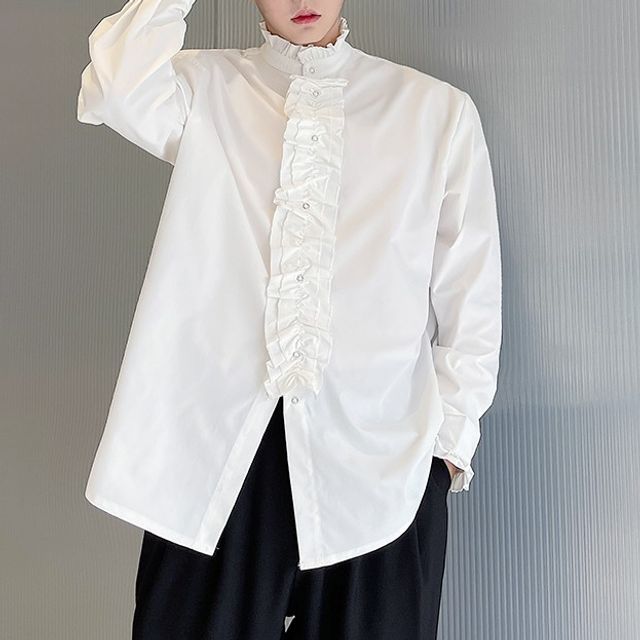 Adothuiastic-High Neck Ruffle Trim Shirt