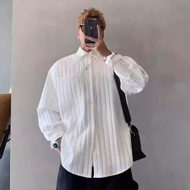 Naideth-Long Sleeve Collared Plain Textured Shirt