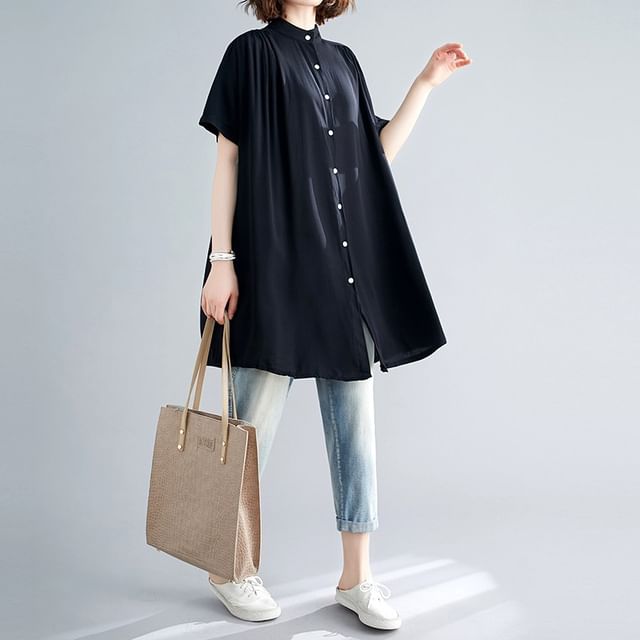 Lewwe-Elbow-Sleeve Stand Collar Button-Up Plain Tunic