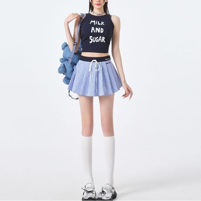 Denimot-Drawstring Waist Plaid Pleated Panel Mini A-Line Skirt
