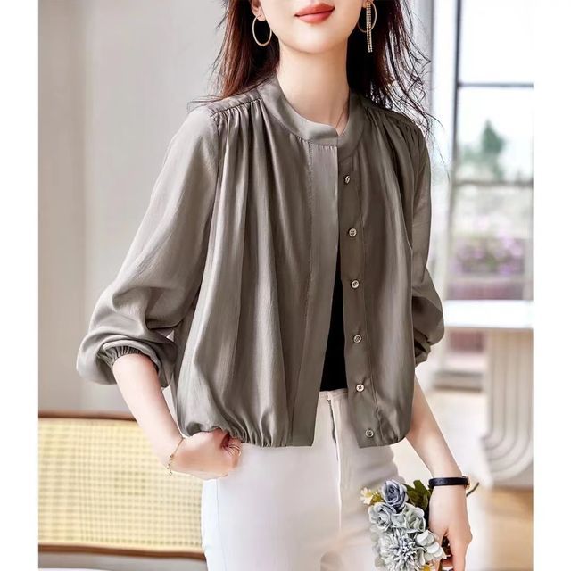 Jeonseon-Long-Sleeve Plain Blouse