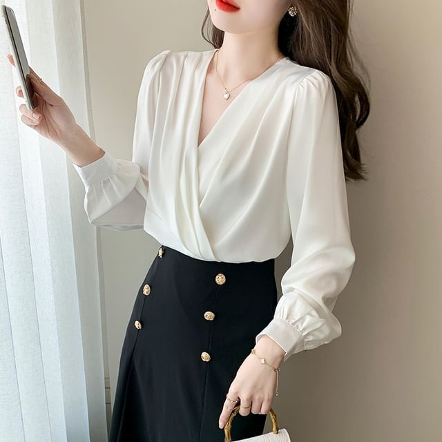 Dragan Pulse-Long Sleeve V-Neck Plain Ruched Satin Blouse