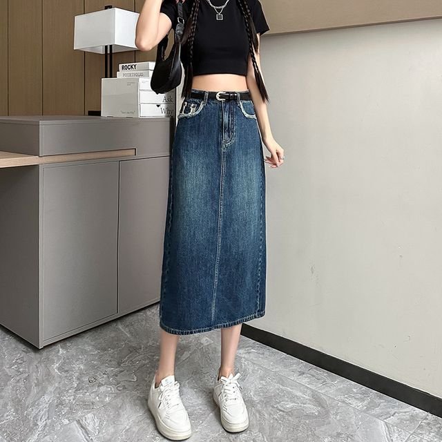 Luminato - High Waist Washed Fray Slit Midi A-Line Denim Skirt