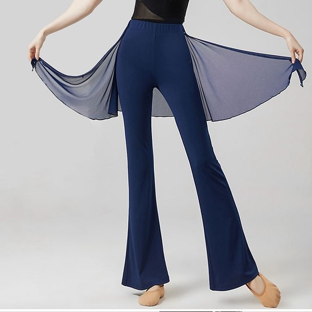 Cossita-High Waist Plain Overlay Flared Dance Pants