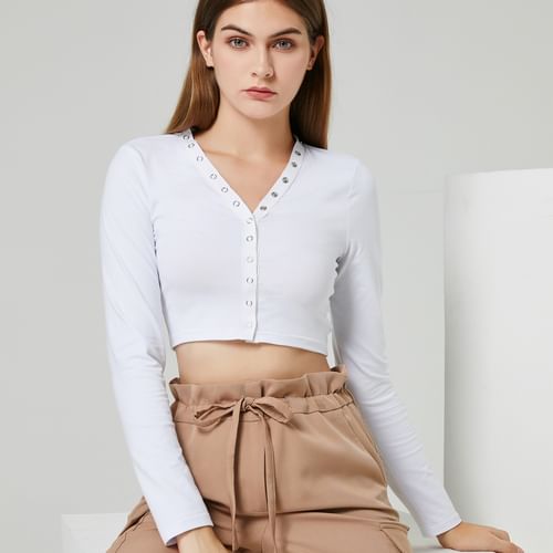 Eco-Friendly Long-Sleeve Button-Up Crop Top
