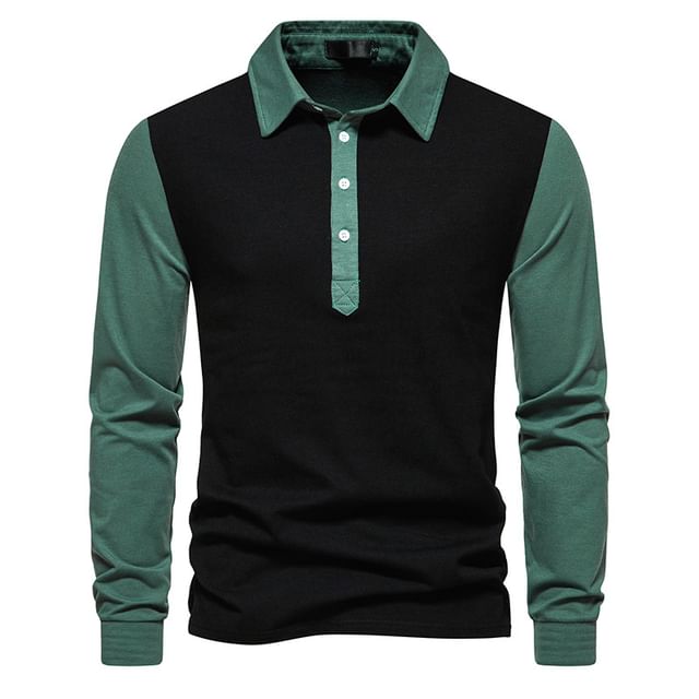 YIKES-Long Sleeve Two Tone Polo Shirt