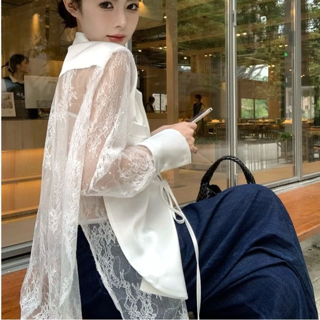 Whoosh-Notch Lapel Lace Panel Slit Tie Front Light Jacket