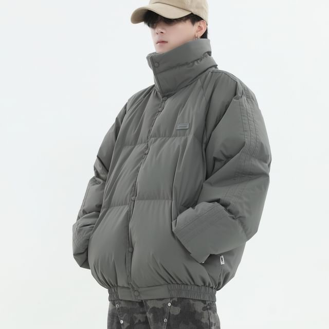 INStudio-Couple Matching Stand Collar Plain Puffer Jacket