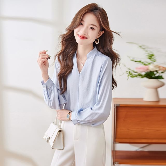 Skyheart-Long Sleeve Stand Collar V-Neck Plain Blouse
