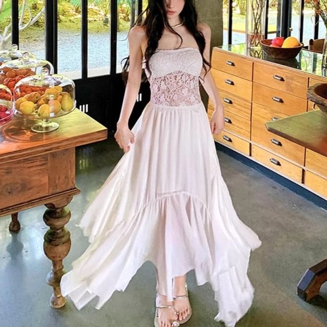 Trendycas-Strapless Plain Lace Panel Asymmetrical Maxi Dress