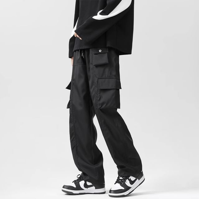 Trimecca-Drawstring Waist Plain Loose Fit Cargo Pants