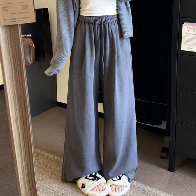 Closette-Drawstring Waist Plain Wide Leg Pants