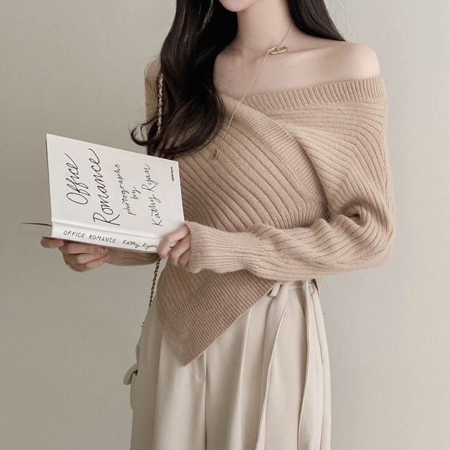 Odestra-Set Off Shoulder Plain Ribbed Wrap Sweater Choker