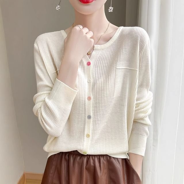 INEN-Notch Neck Ribbed Cardigan