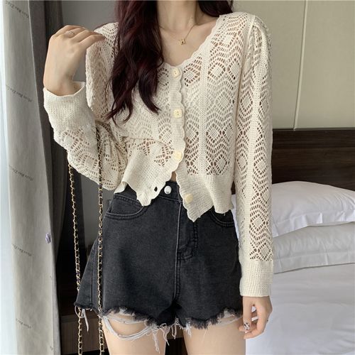 Crochet Knit Cropped Cardigan - Ready-to-Wear 1ABQAF