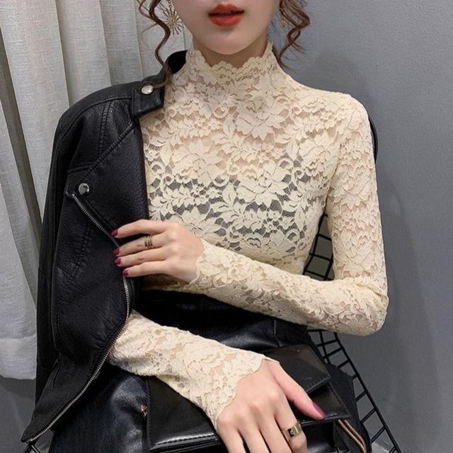 Mikiko-Long-Sleeve Mock-Neck Lace Top
