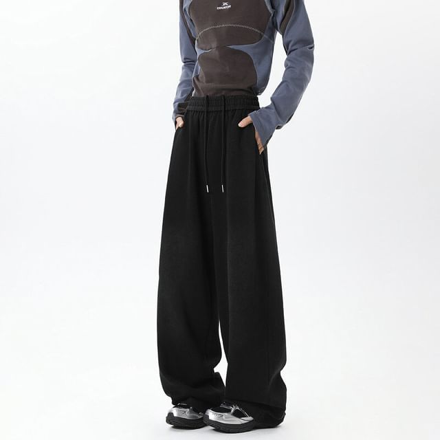 Kimeya-Drawstring Waist Plain Wide Leg Sweatpants