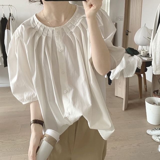 MIKIGA-Puff-Sleeve Crew Neck Plain Blouse