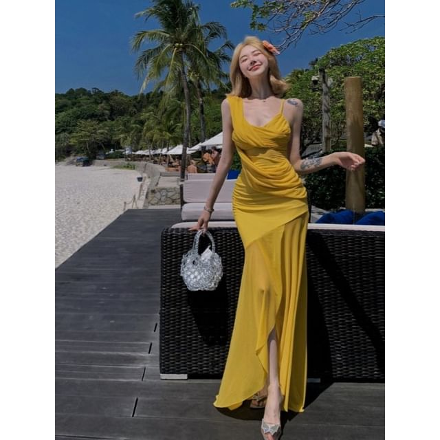 Strawolf-Asymmetrical Sleeveless V-Neck Maxi Sundress