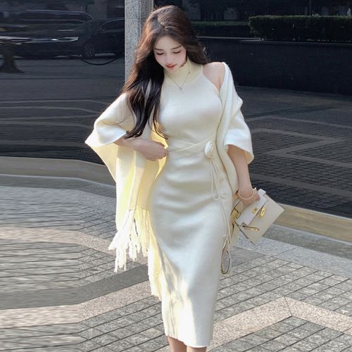 Floral White Net Cape Dress for Women 