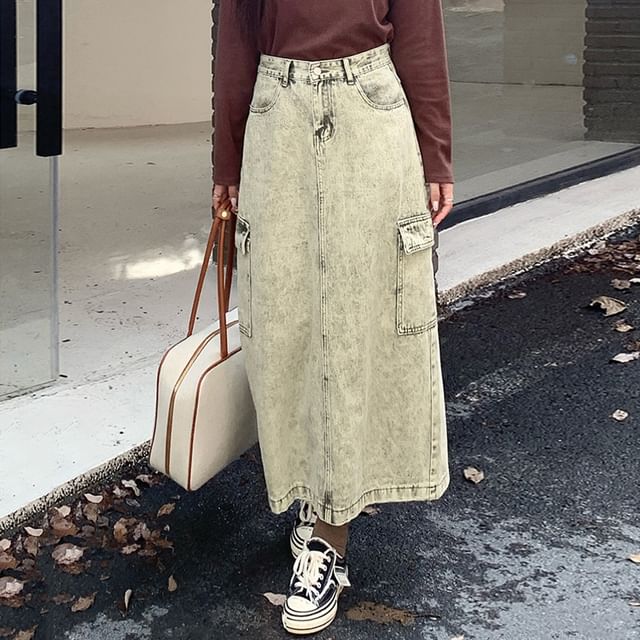 Appelsin-High-Rise Denim Cargo Maxi Skirt