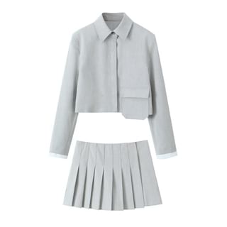 Cumulys Asymmetrical Contrast Trim Button-Up Crop Shirt Jacket / High Waist Plain Pleated Mini A-Line Skirt Sale