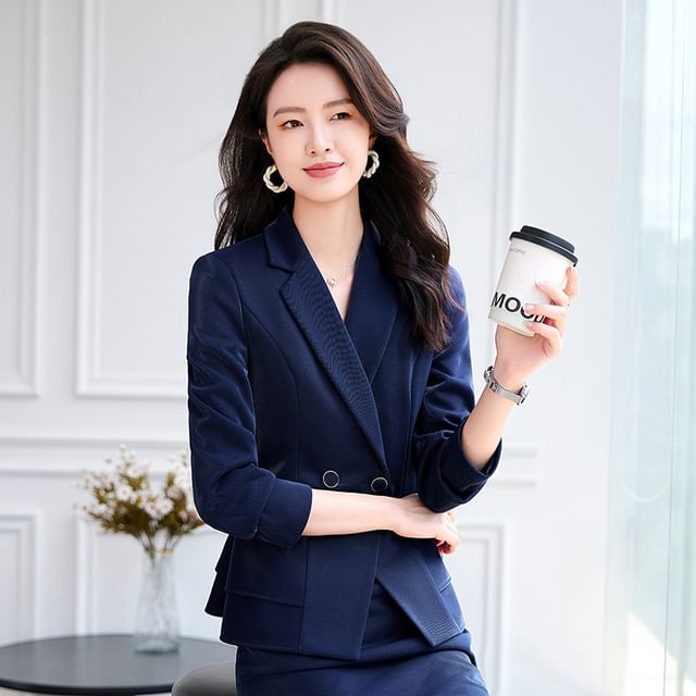 Skyheart-Double Breasted Plain Blazer Midi Pencil Skirt Set