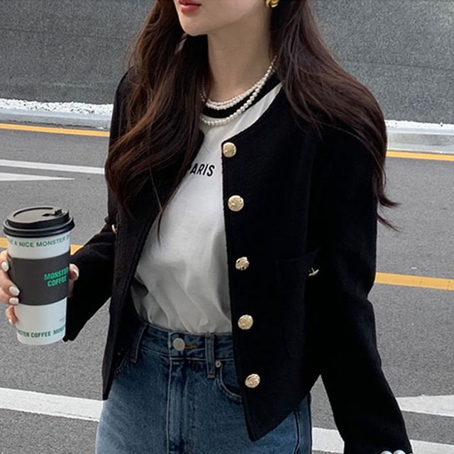 Coris-Button-Up Plain Crop Jacket