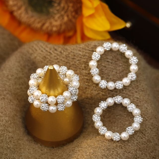 Forainer-Faux Pearl Rhinestone Beaded Elastic Ring
