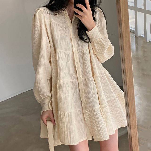 ISSOL-Long Sleeve Collared Plain Tiered Mini A-Line Shirt Dress
