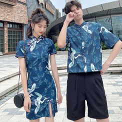 Azure - Couple Matching Short-Sleeve Crane Print Shirt / Shorts / Mini Qipao