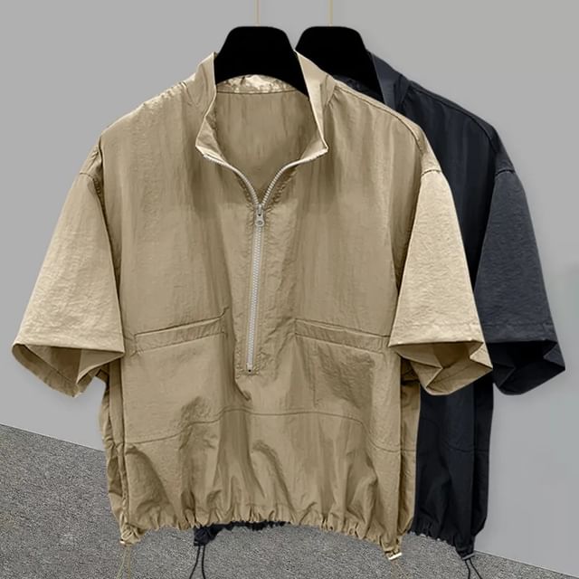 fluffush-Short-Sleeve Mock Neck Plain Drawstring Hem Half-Zip Top
