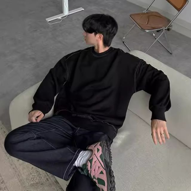 Omozando-Crewneck Contrast Stitched Plain Sweatshirt