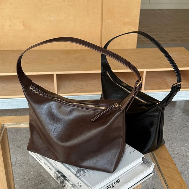 Basaran-Faux Leather Plain Zip Shoulder Bag